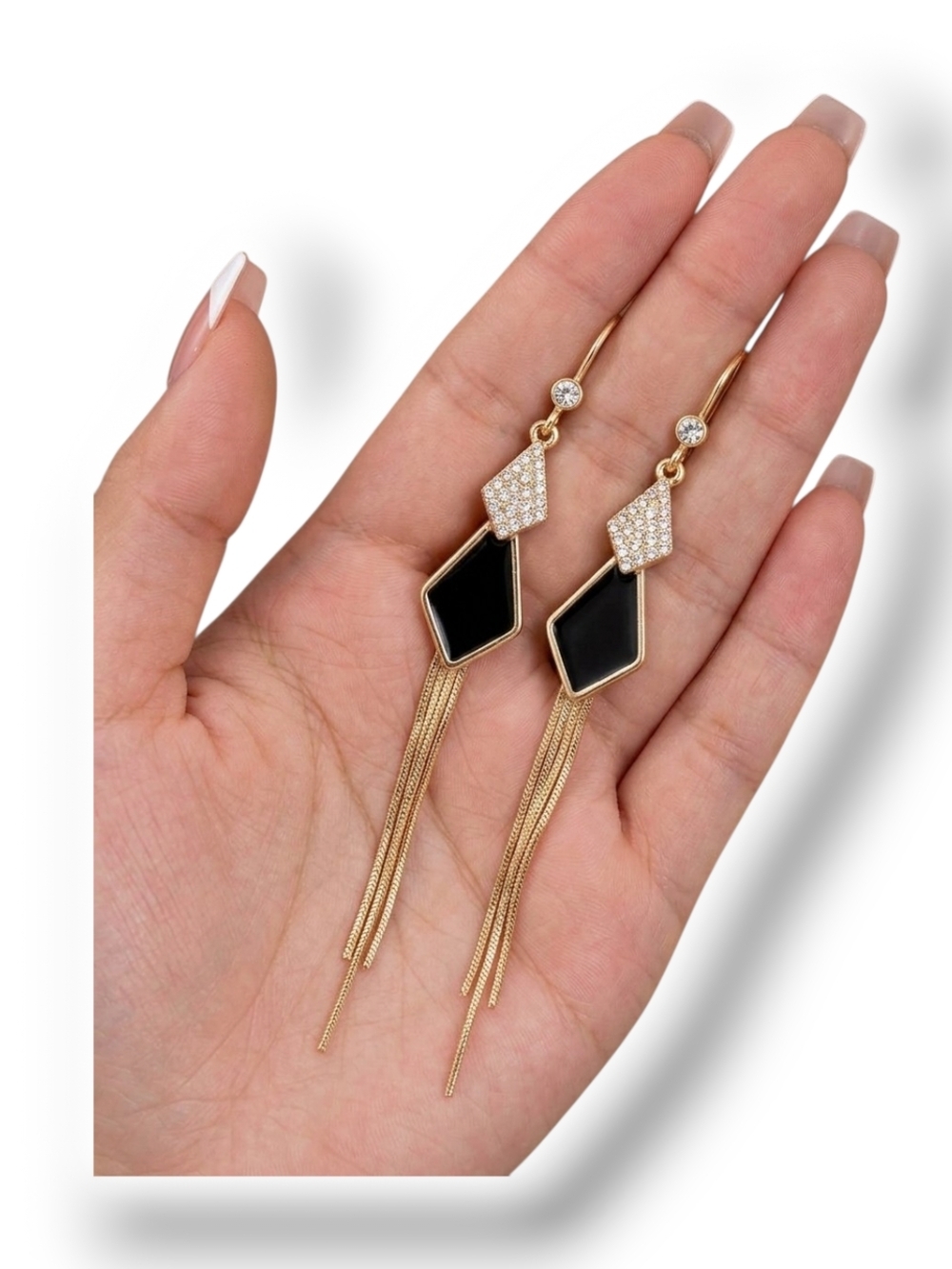 Gold-Tone Black Geometric Drop Earrings with Tassel Chains